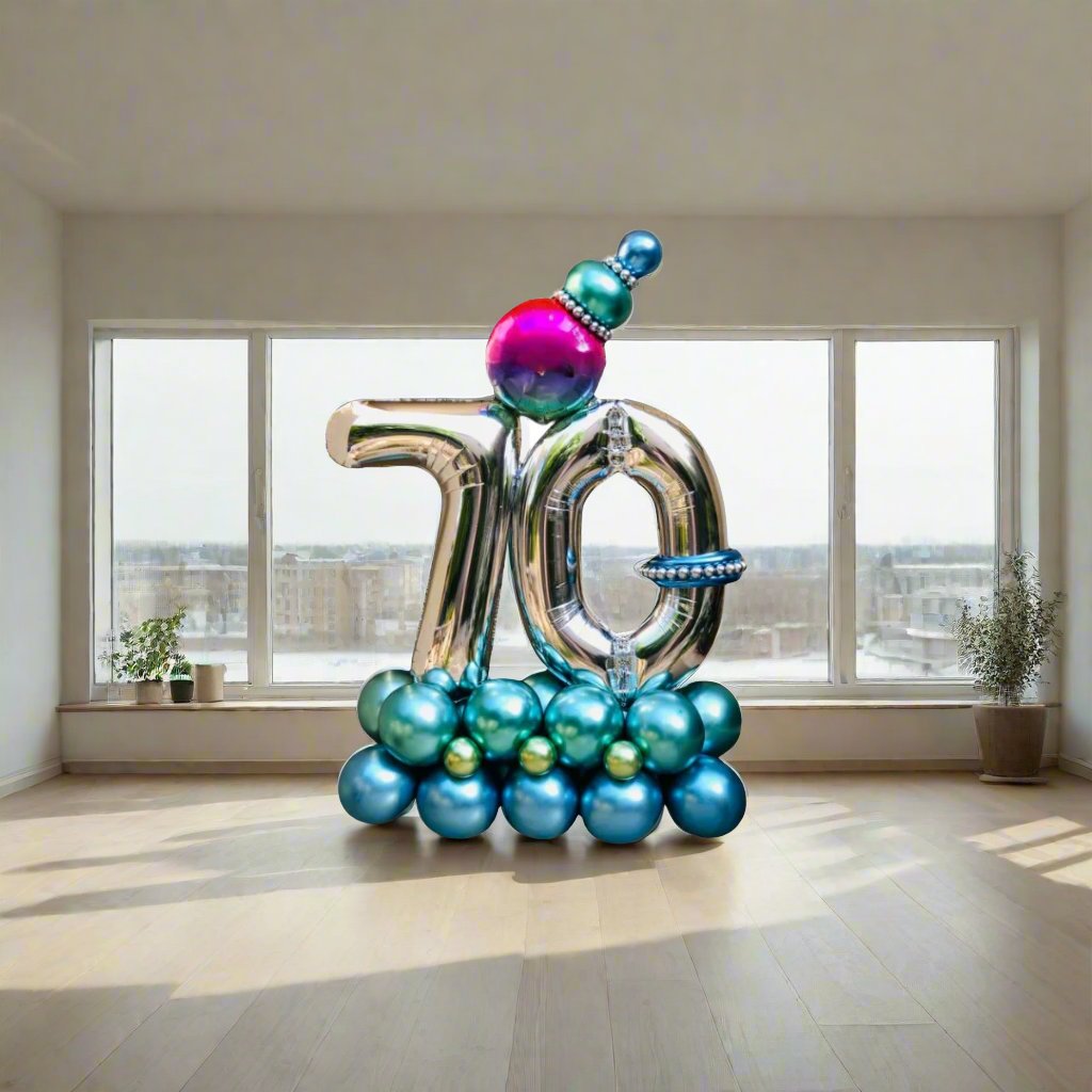 Festive Milestone balloon arrangement featuring vibrant, personalized balloons with a heart and custom message.