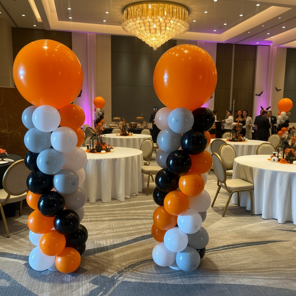 Balloon arches in orange, black, and white at a formal event with tables and chairs.