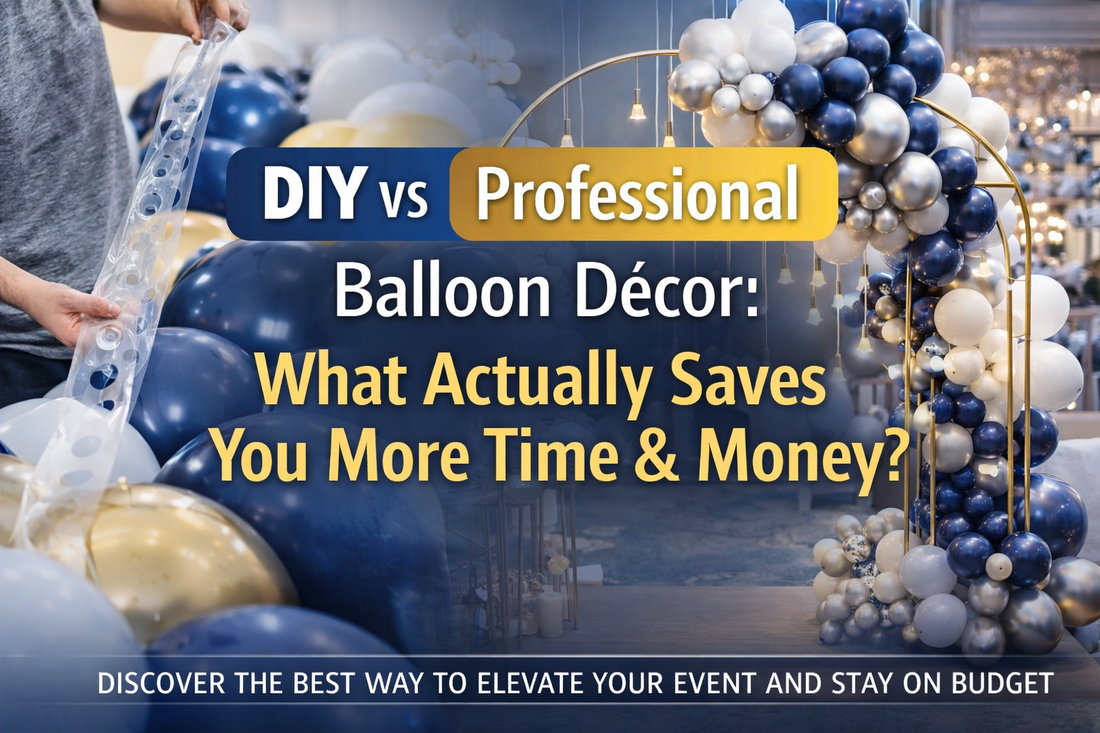 Split view of DIY balloon setup and luxury professional balloon décor display