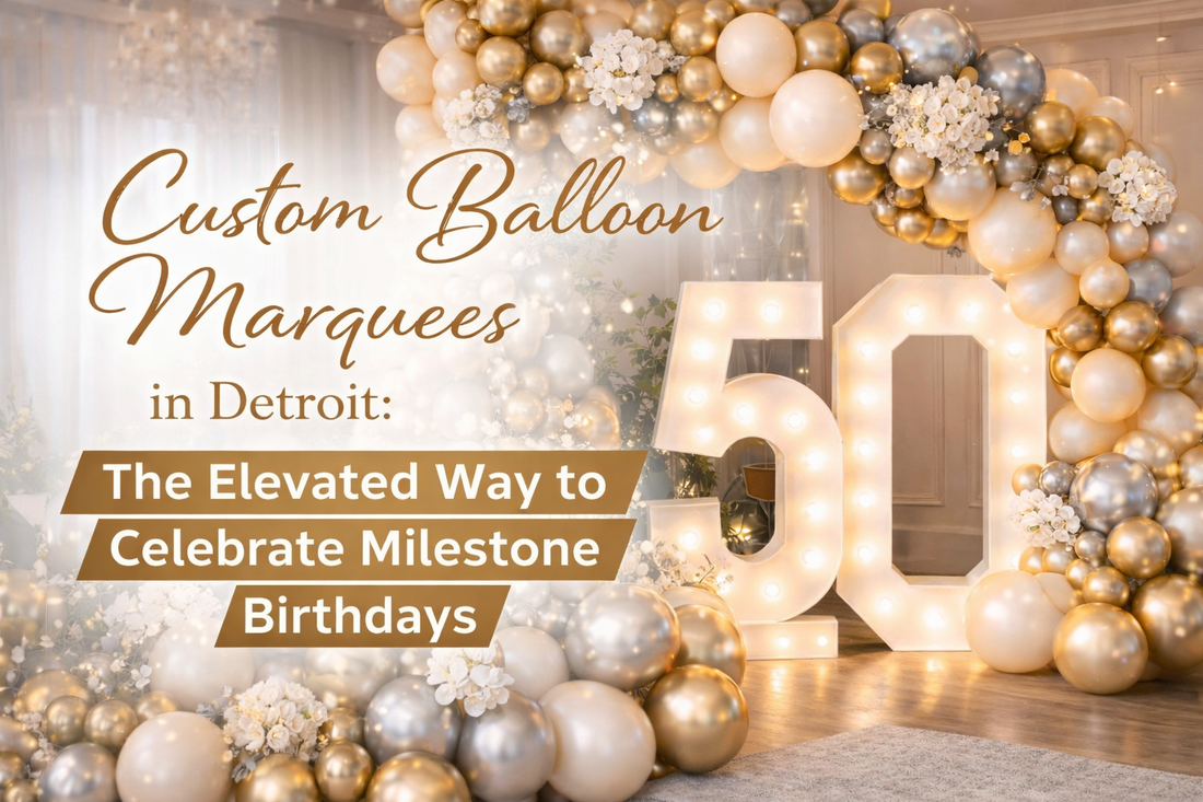 Luxury custom balloon marquee with illuminated 50 numbers for milestone birthday celebration in Detroit