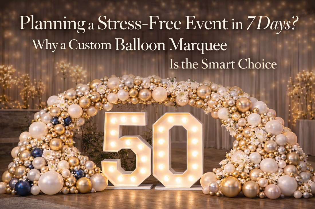 Luxury custom balloon marquee with organic garland for a stress-free milestone event in Detroit