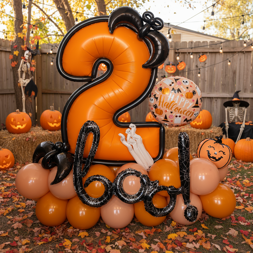 Halloween-themed balloon arrangement with number '2' and balloons in a backyard setting.
