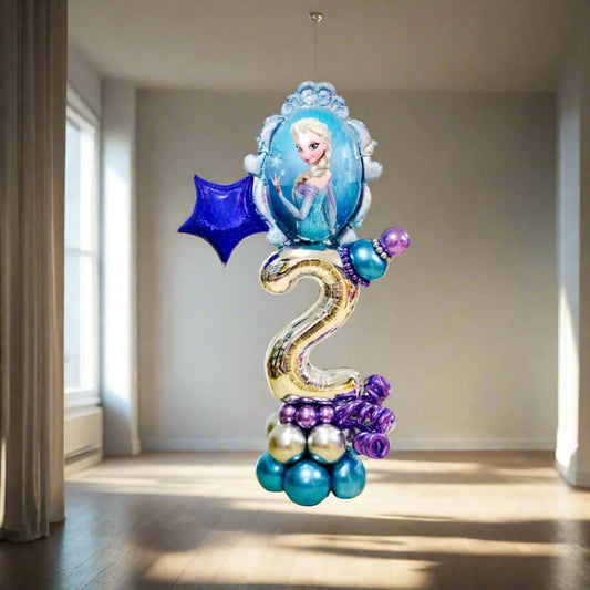 Winter Fantasy Princess Balloon Marquee featuring icy blue, silver, and purple balloons in a princess theme.