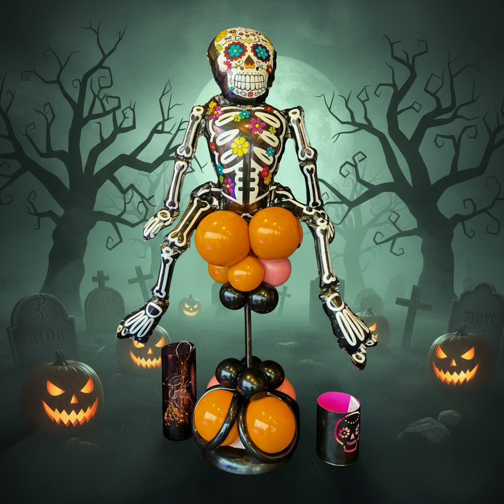 Decorative skeleton figure with colorful face and balloons in a Halloween-themed setting with pumpkins and tombstones.