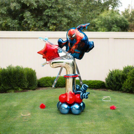 Heroic Adventure superhero balloon display with a star and customizable number, perfect for kids' birthday parties.