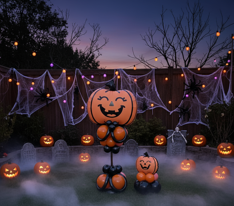 Halloween-themed outdoor decoration with pumpkins and cobwebs.