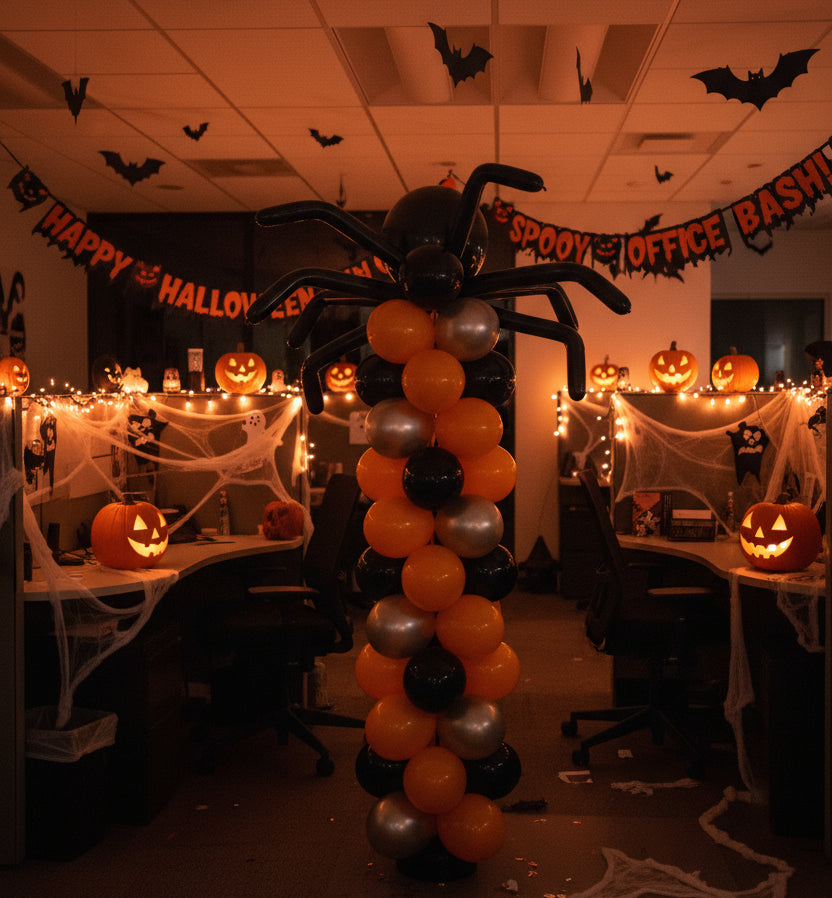 Halloween office party setup with balloons, pumpkins, and decorations.