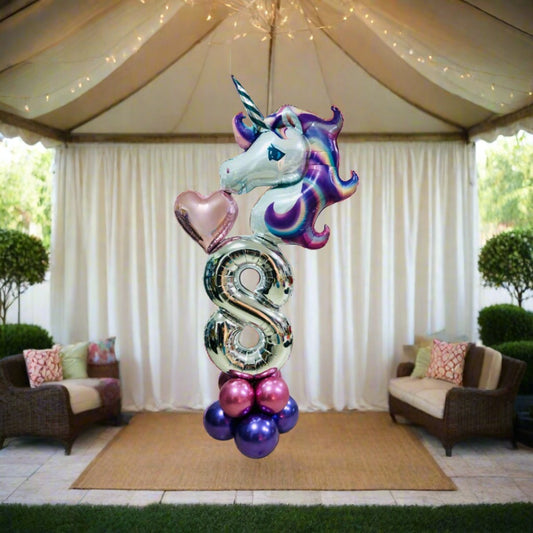 Mystical Unicorn balloon display with a unicorn, heart, and vibrant number, perfect for unicorn-themed parties.