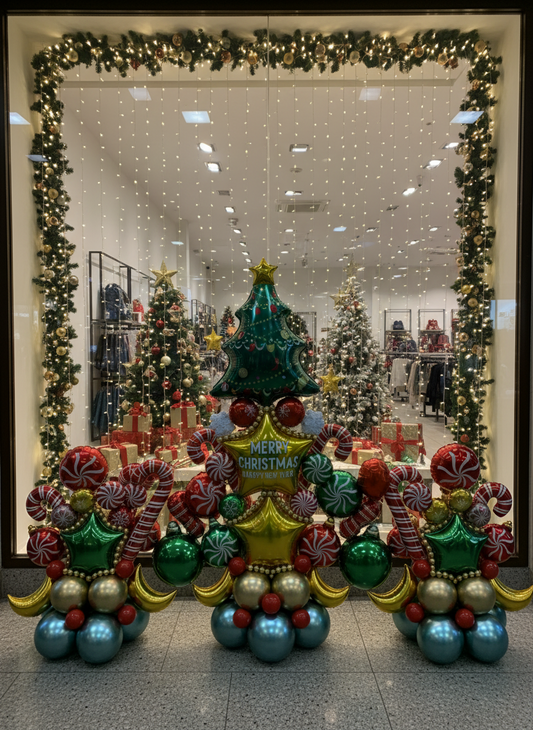 Decorative Christmas tree made of balloons in a room with a white wall and wooden floor.